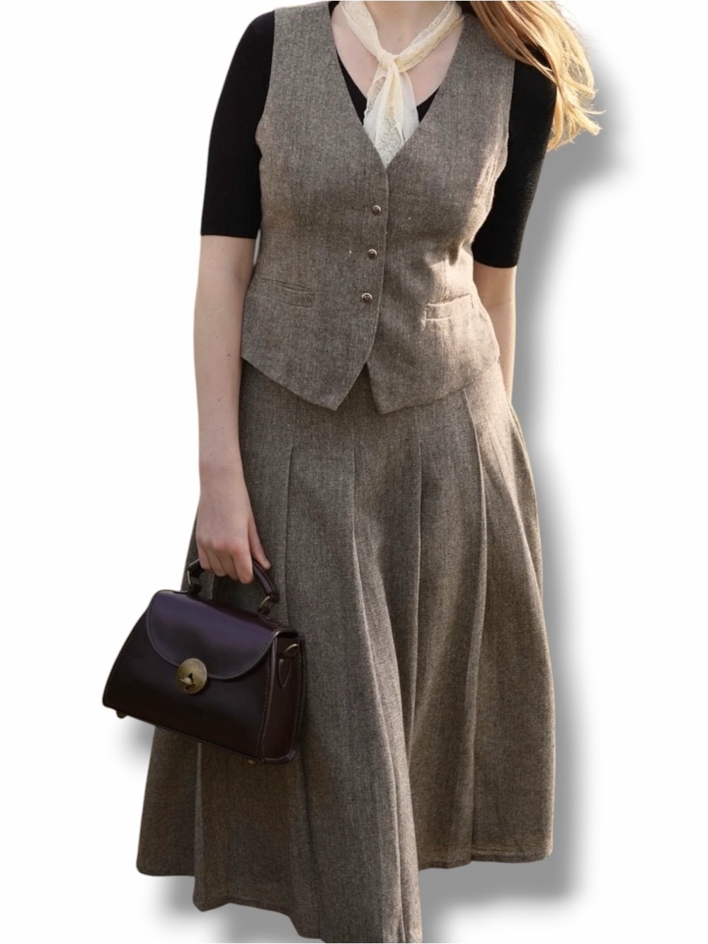 Miss Patina The Shelby Brown Tweed Pleated Skirt Size 10 US Medium